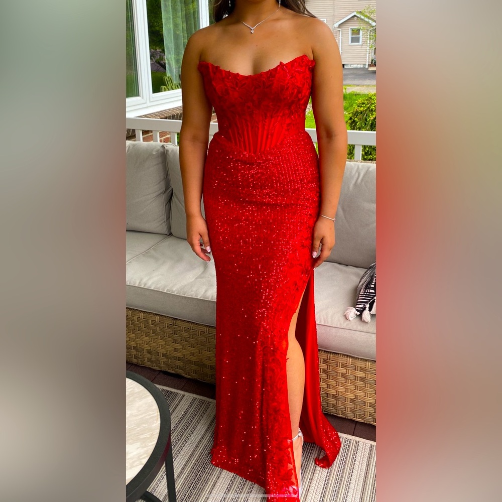 LADIVINE by CINDERELLA Red Sequined Corset Laced Back PROM Dress Gown Size 8
